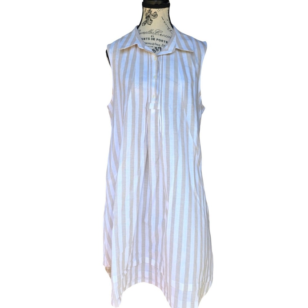 Hope & Harlow Tan White Striped Linen Blend Sleeveless Tunic Shirt Dress 12